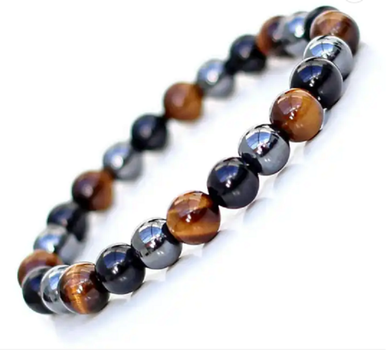 Tiger Eye Stone  Black Obsidian Gem  And Hematite Bead Bracelet