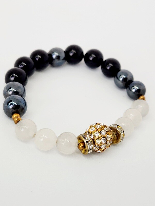 Black Onyx White Agate Hematite Stone Bracelet  With  Gold  Rhinestone  Crystal Sparkle  Beads