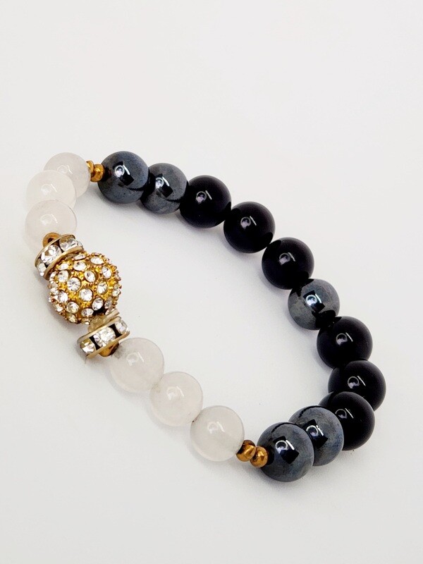 Black Onyx White Agate Hematite Stone Bracelet  With  Gold  Rhinestone  Crystal Sparkle  Beads