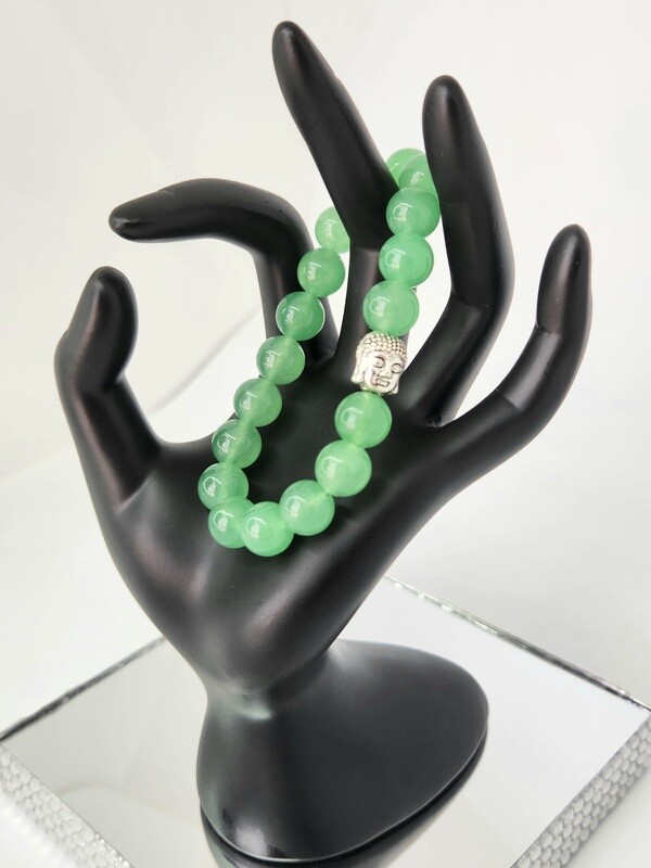 Green Aventurine Gemstone Beaded Bracelet With A Silver Color  Buddha  Charm