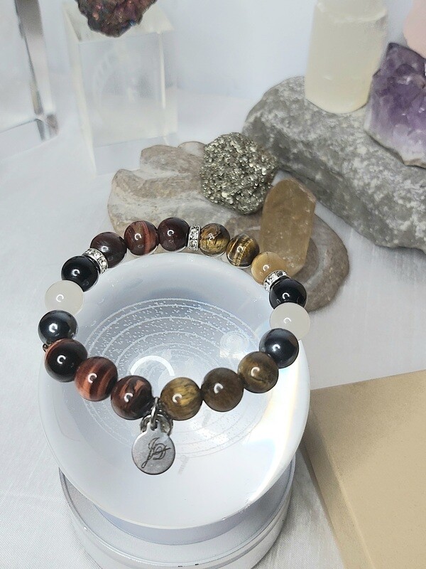 Garnet Stone Tiger Eye Gem White Agate black Obsidian Hamites Beads Bracelet Silver Rhinestone