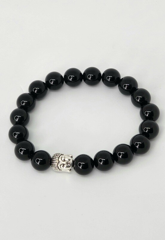 Black Abstain  Beads Bracelet With A Buddha Silver Color  Charm