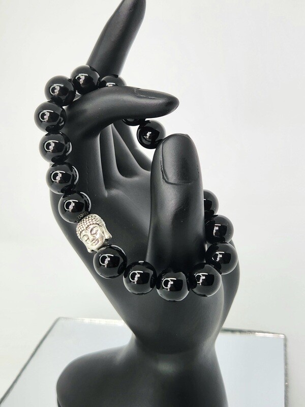 Black Abstain  Beads Bracelet With A Buddha Silver Color  Charm