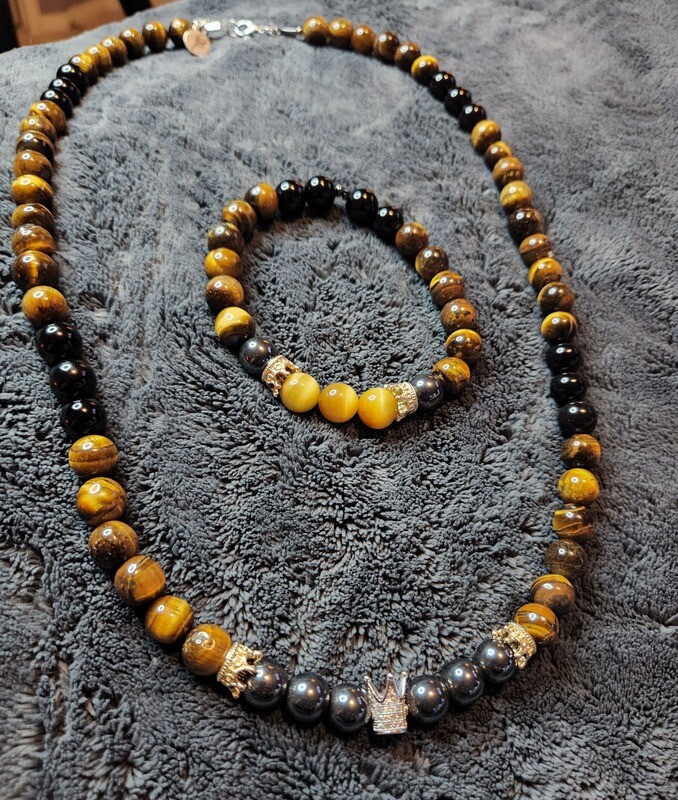 Natural Tiger Eye Beads, Black Obsidian, King Or Queen Charm Gold, Silver, or Pink color Crown set