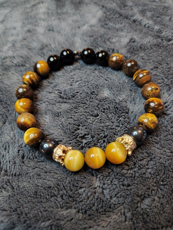 Natural Tiger Eye Beads, Black Obsidian, King Or Queen Charm Gold, Silver, or Pink color Crown set