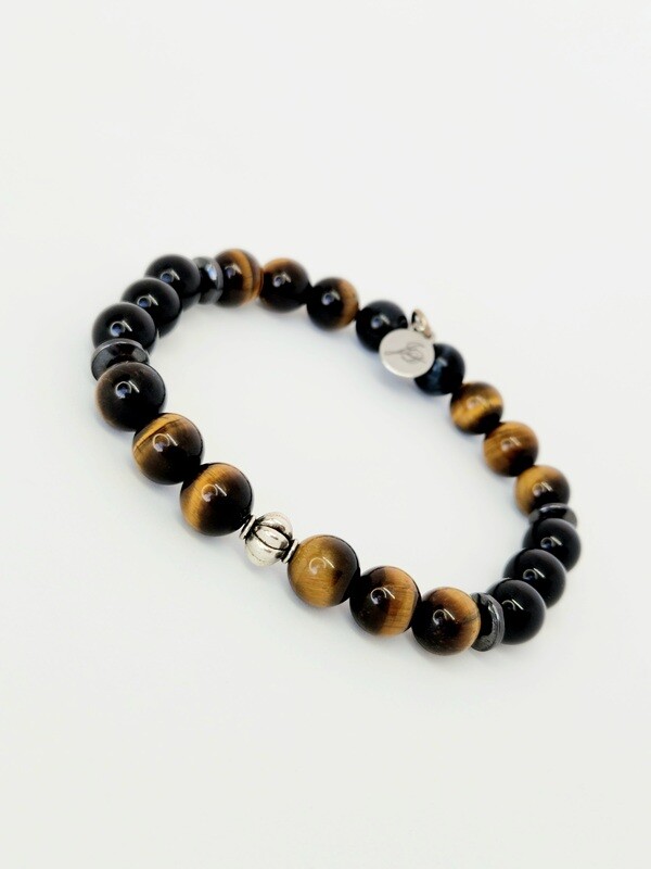 Onyx Tiger Eye Beads Bracelet Hamites Dividers With a Silver Color Charm