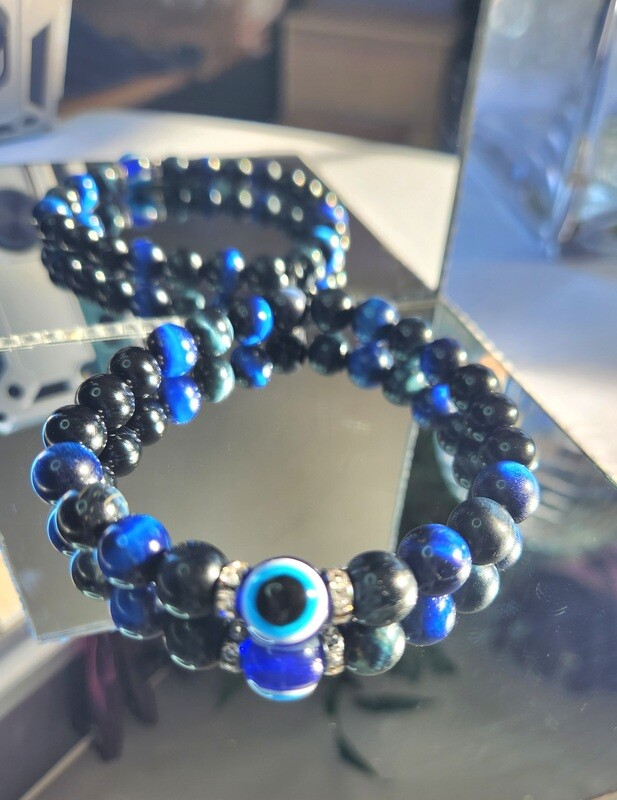 Blue Tigers Eye Gem black Obsidian With Evil Eye Charm bracelets And Silver Rhinestone
