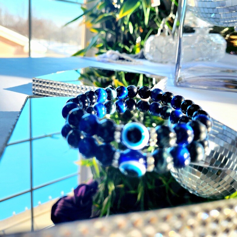 Blue Tigers Eye Gem black Obsidian With Evil Eye Charm bracelets And Silver Rhinestone