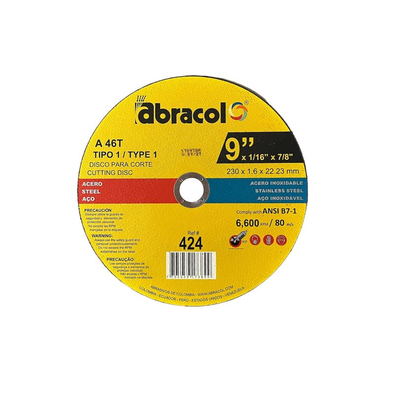 Disco abrasivo Abracol™ (Clave 424) Corte 1/16" x 9" (Ref.ABD2A0046094) Caja x 50 Unidades