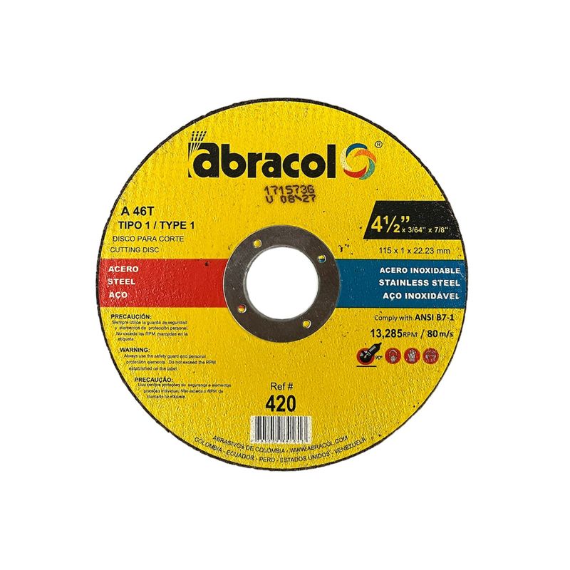 Disco abrasivo Abracol™ (Clave 420) Corte 1.0mm x 4.1/2" (Ref.ABD2A0046049) Caja x 25 Unidades