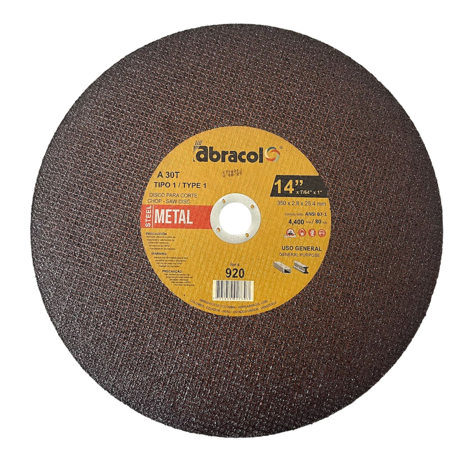 Disco abrasivo Abracol™ (Clave 920) Corte Tronzadora 7/64" x 14" (Ref.ABD1A0030146) Caja x 12 Unidades