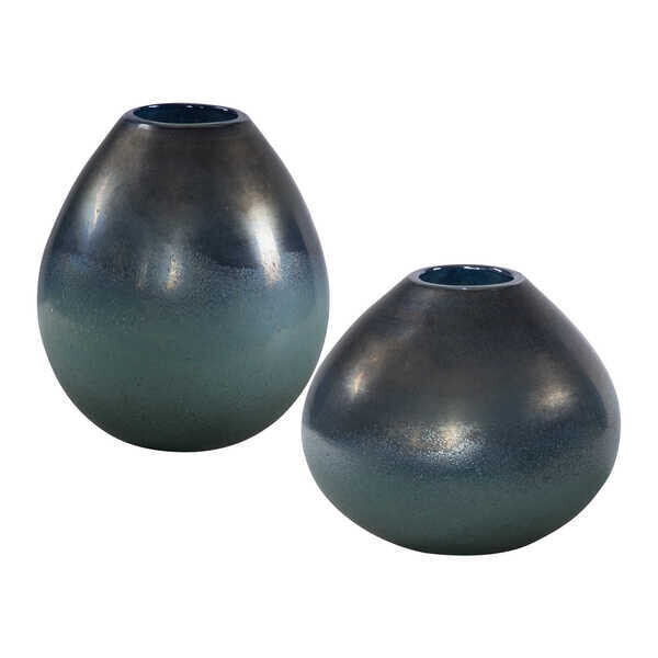 Set of 2 Art Glass Vases Blue Aqua