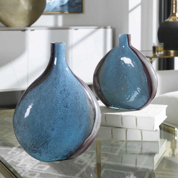 Set of 2 Cobalt and Black Art Glass Vases