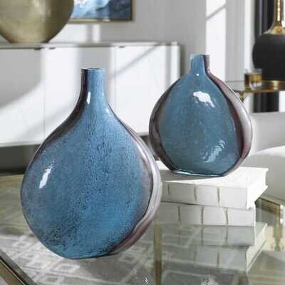 Set of 2 Cobalt and Black Art Glass Vases