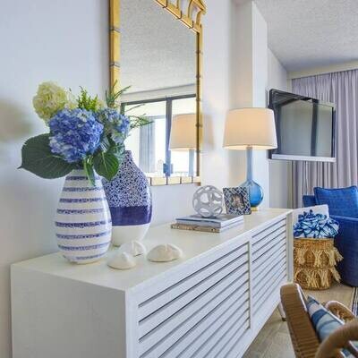 Slatted Buffet with White Faux Raffia