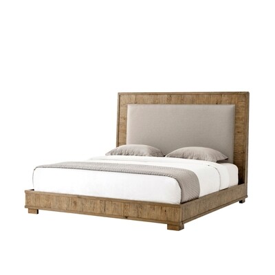 Rustic Oak Panel Upholstered King Bed