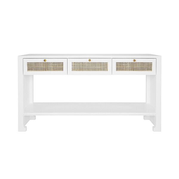 Three Drawer Cane Console with Brass Accents