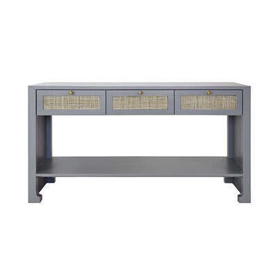 Three Drawer Cane Console in Smoke Gray