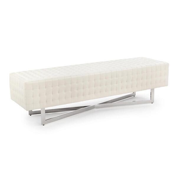 Long White Leather X-Leg Bench