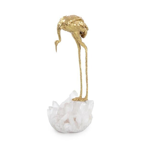 Quartz Pedestal Brass Crane Sculpture