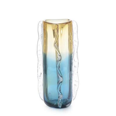 Rippled Glass Art Vase in Blue and Yellow