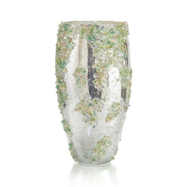 Mirrored Glass Vase with Sea Glass Accents