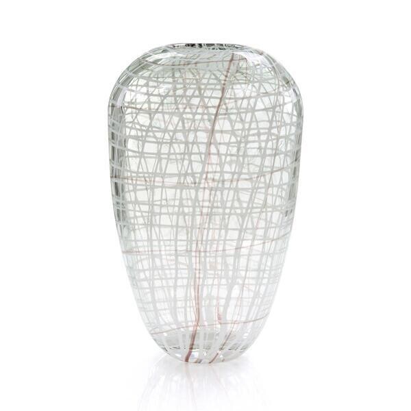 Grey-White Glass Art Urn with Crimson Strands