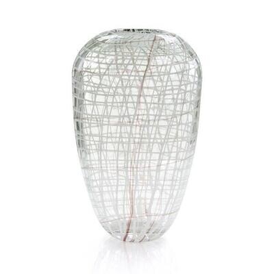 Grey-White Glass Art Urn with Crimson Strands