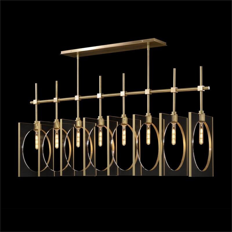 Modern Linear Eight-Light Pendant in Antique Brass and Acrylic