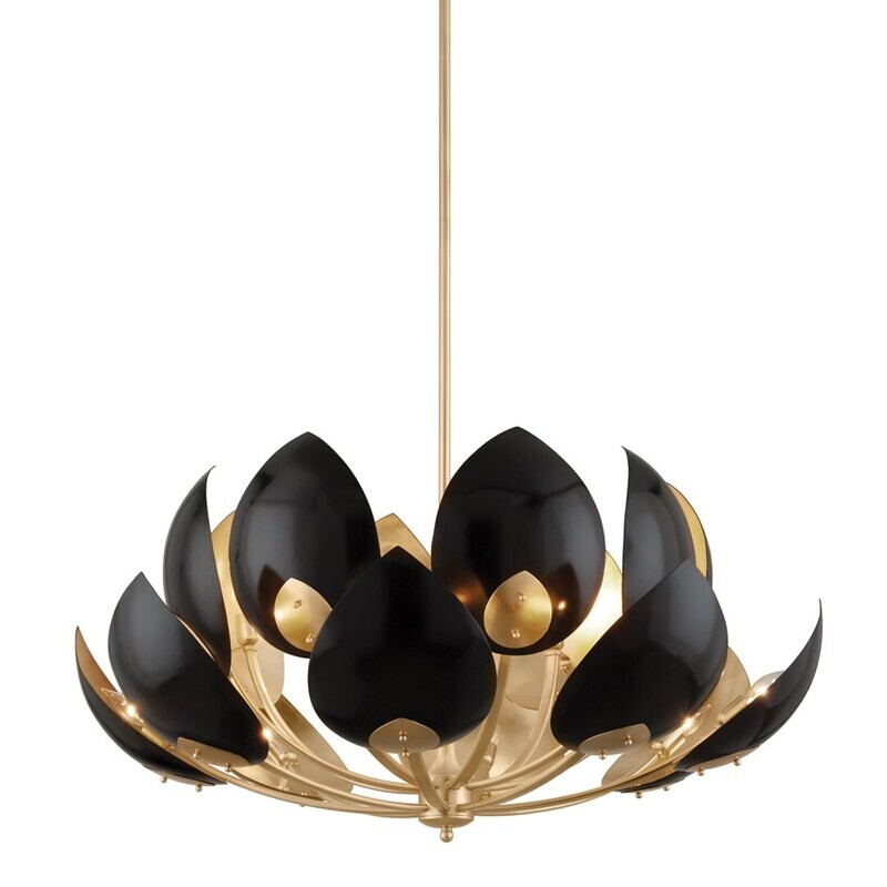 Curved Petals Lotus Chandelier in Dual Finish - Gold Leaf/White and Black