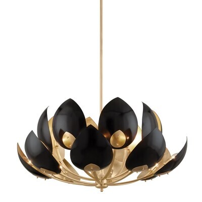 Curved Petals Lotus Chandelier in Dual Finish - Gold Leaf/White and Black
