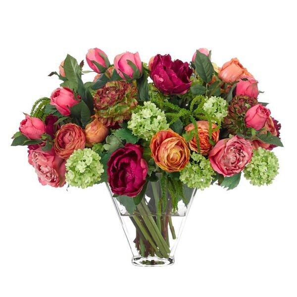 Rose ,Orange and Fuchsia Peonies , in Glass Vase  w Faux Watergarden,