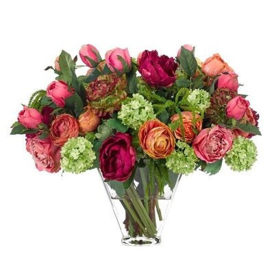 Rose ,Orange and Fuchsia Peonies , in Glass Vase  w Faux Watergarden,