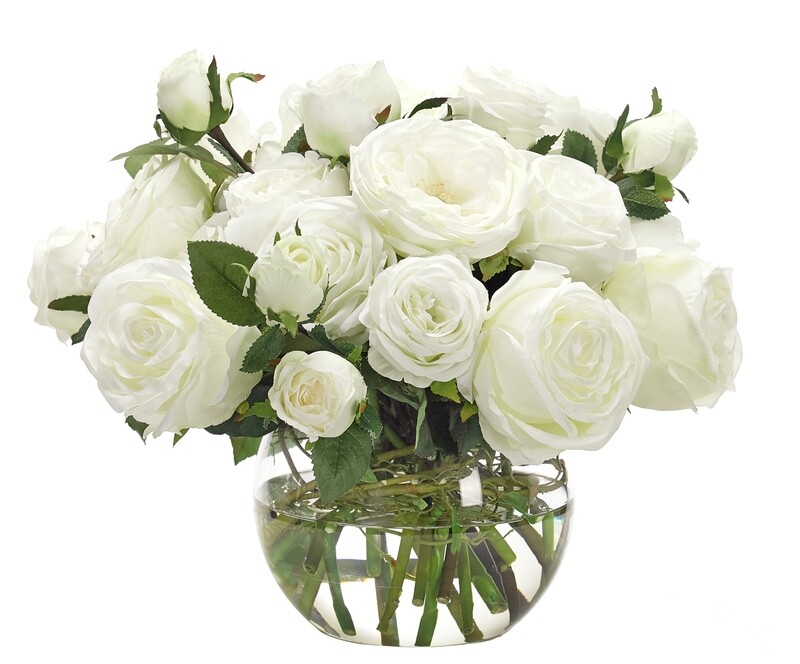 Natural Looking white Roses in faux water