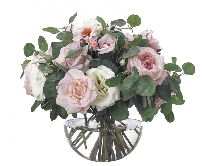Pink and White Rose Watergarden in a Glass Bubble, 17"