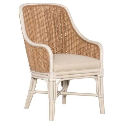 White Rattan Dining Armchair with Leather Accents