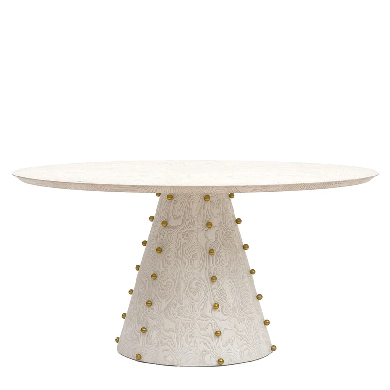 White Dining Table with Brass Accents - 60" D, Color:: White Burl