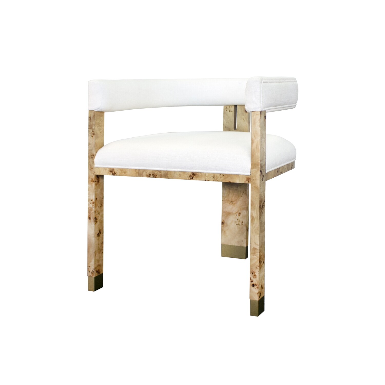 Burl Wood Dining Chair with White Upholstered Linen, Angled View