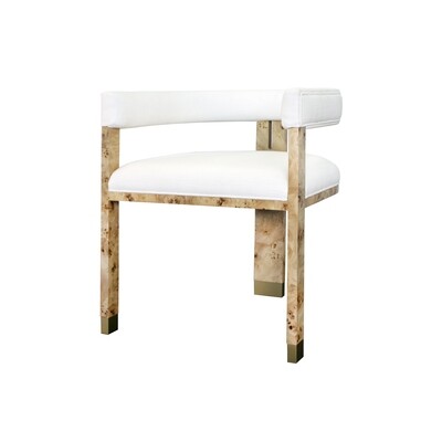 Burl Wood Dining Chair with White Upholstered Linen, Angled View