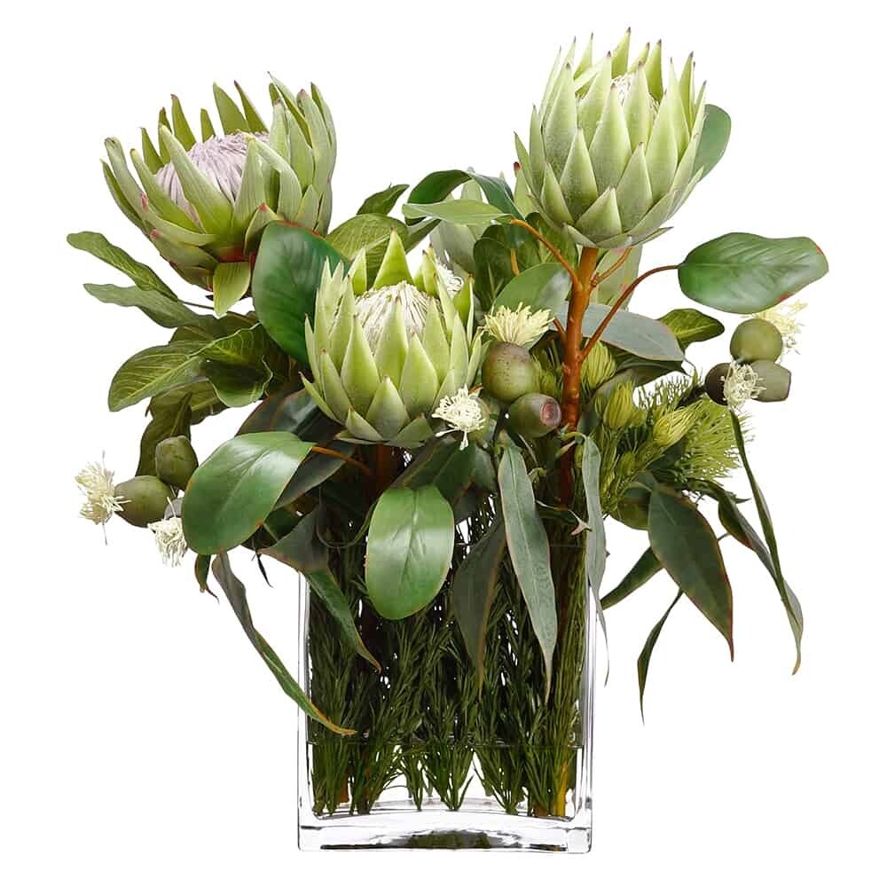 Artificial Protea, Rosemary & Wolly in Glass Vase