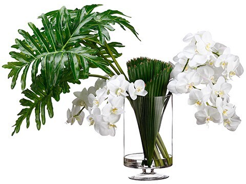 Phalaenopsis, Selloum Leaf & Palm Leaf in Glass Vase