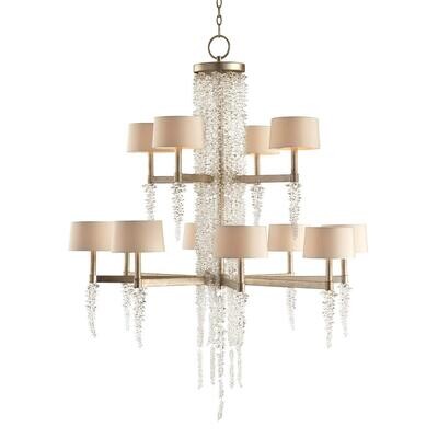 Cascading Crystal Waterfall Twelve-Light Antique Silver Leaf Chandelier