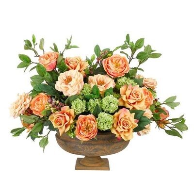 Rose Hydrangea Snowball, Orange Green, Urn Faux Floral Arrangement