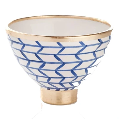 Geometric Ceramic Footed Decorative Bowl - White Blue Gold