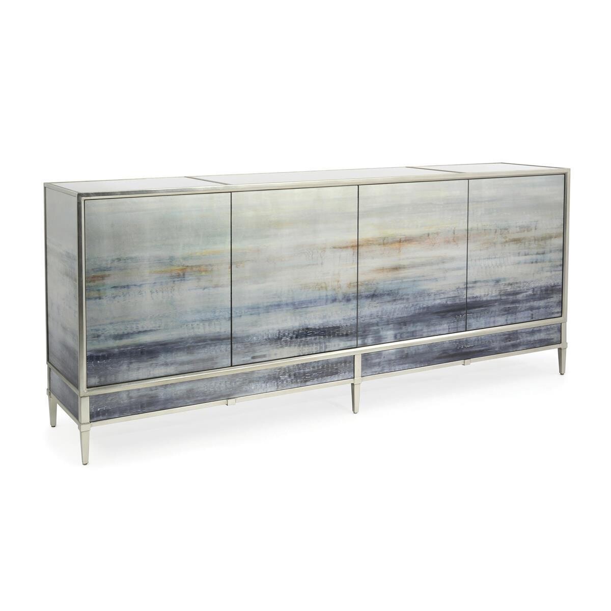 Modern Printed Glass 4-Door Sideboard in Pewter Silver