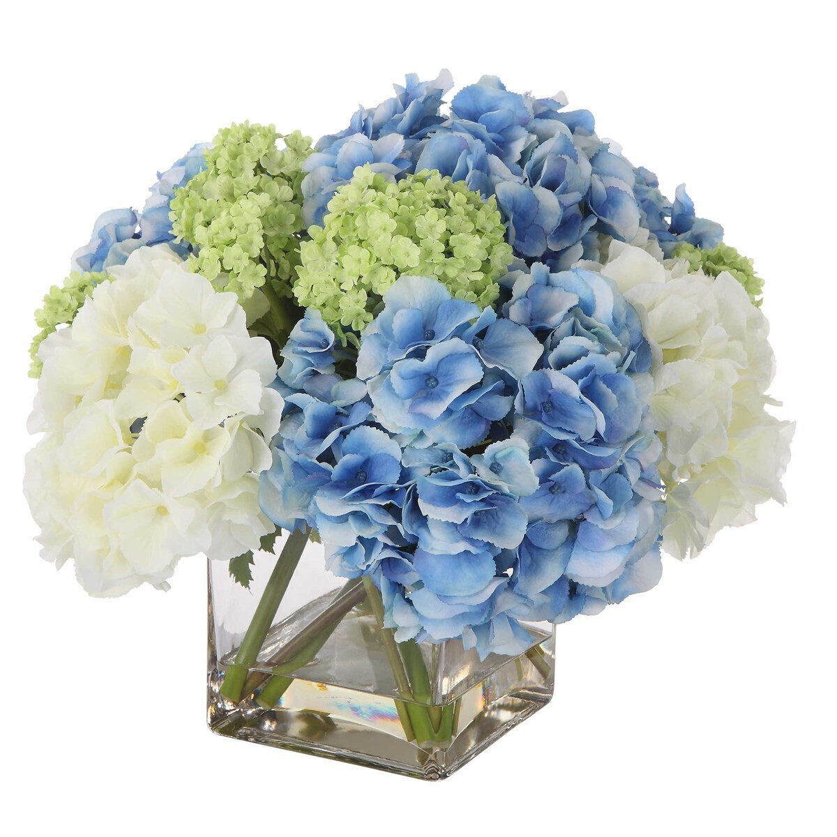 Summer Hydrangeas Blooms in Square Glass Vase