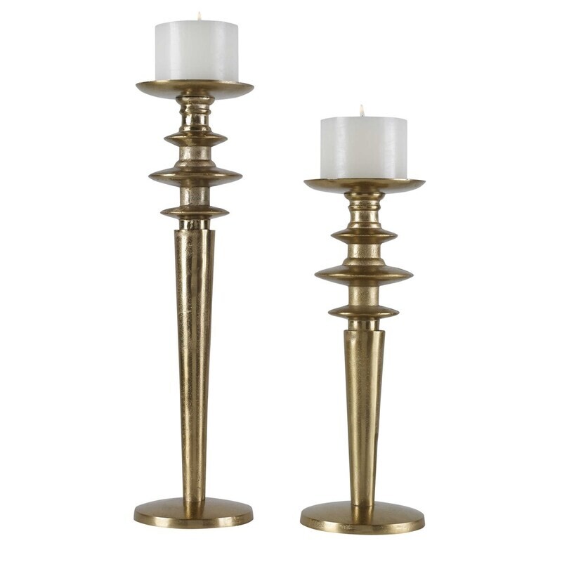 Antique Gold Pillar Candle Holders - Set of 2