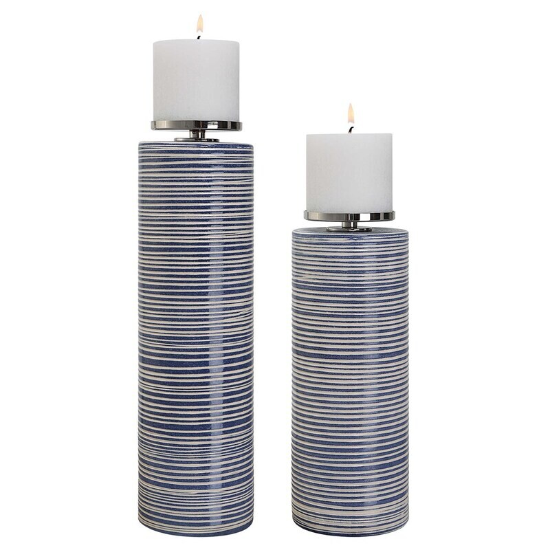 Set of 2 Indigo Ceramic Pillar Candle Holders