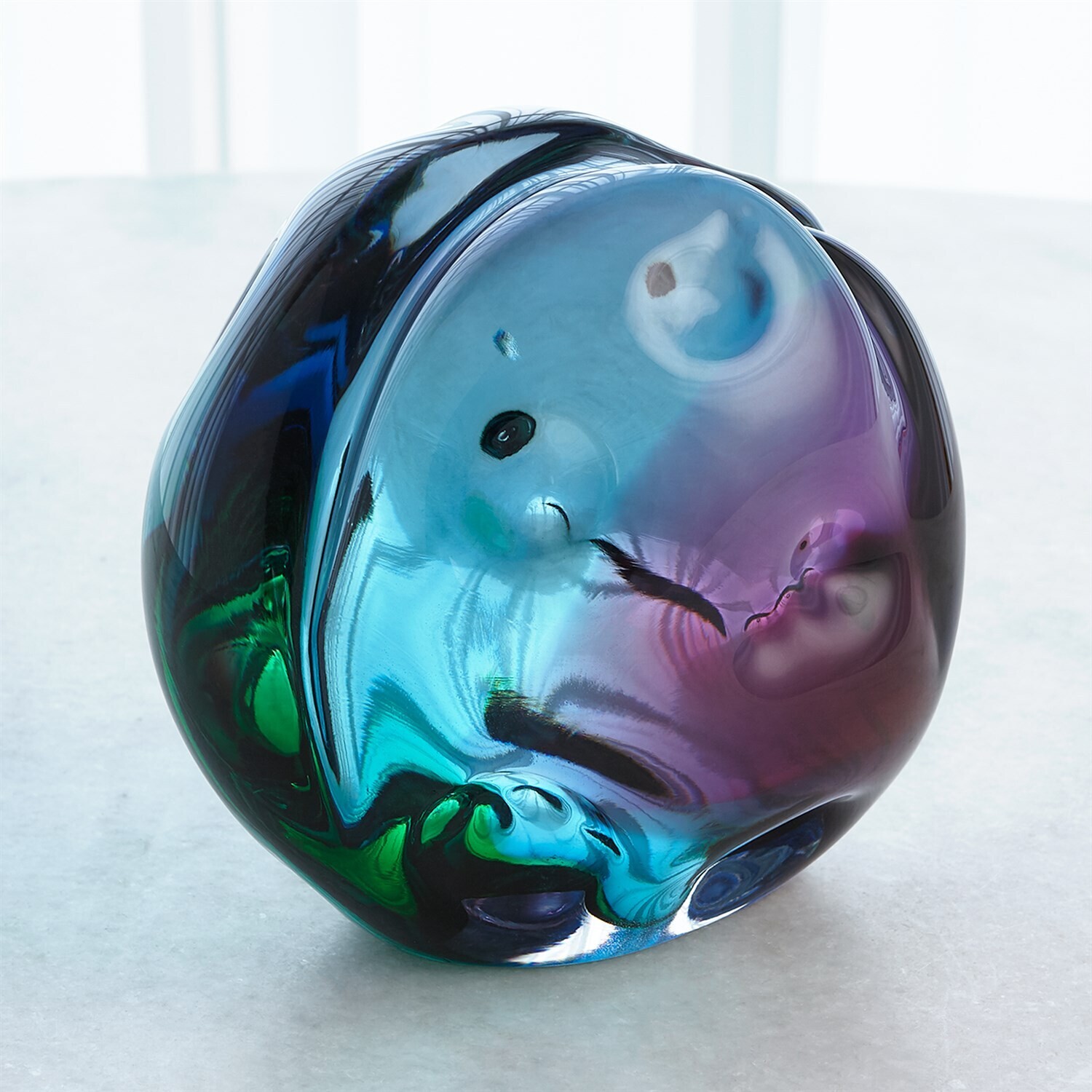 Hand-Blown Dimpled Art Glass Sphere in Ruby and Turquoise