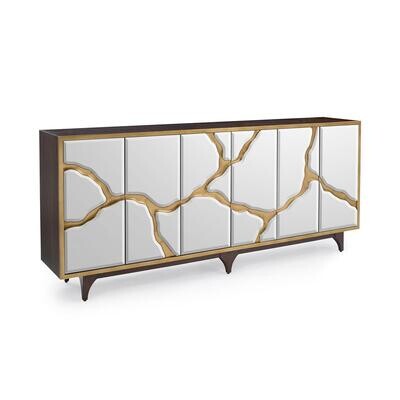 Modern 6-Door Mirrored Credenza in Smoked Oak